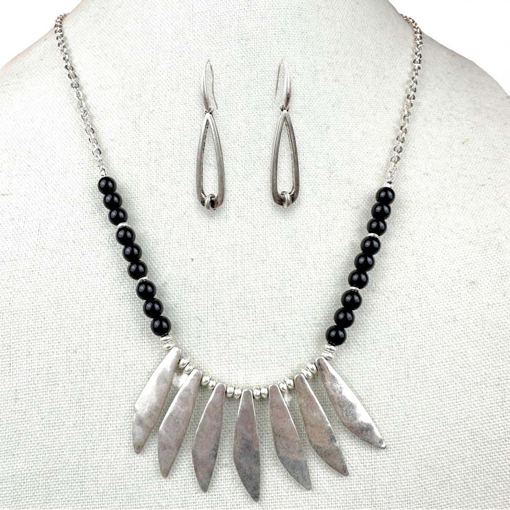 NWT- The Sak - Black & Silver Tone Beaded Statement Necklace & Earrings Set